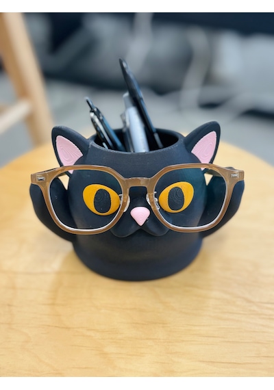 Kedi Tasarımlı Gözlük Ve Kalemlik Standı Çok Amaçlı Masaüstü Organizer 17x12x12cm Siyah