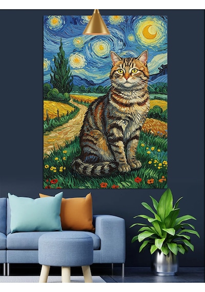 Van Gogh Kedi Dekoratif Kanvas - Mdf Ahşap Tablo