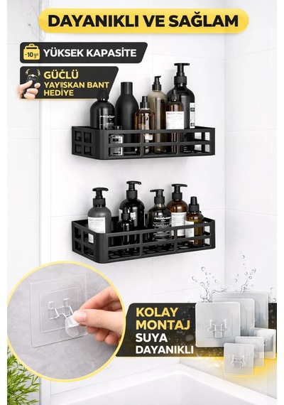Buğz Duş İçi Yapışkanlı Banyo Rafı 2 Li Set Delme Yok Güçlü Yapışkan Bantlı Organizer Diğer