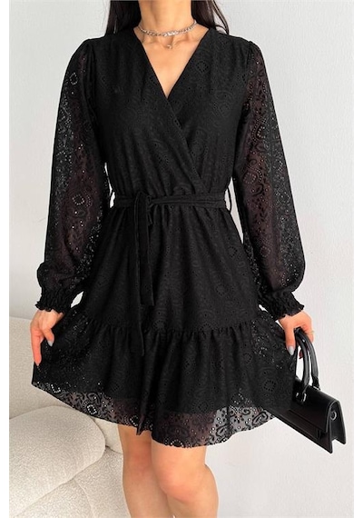 Neşeli Butik Kadın Siyah Kruvaze Kuşaklı Mini Elbise Nbk2026 Siyah