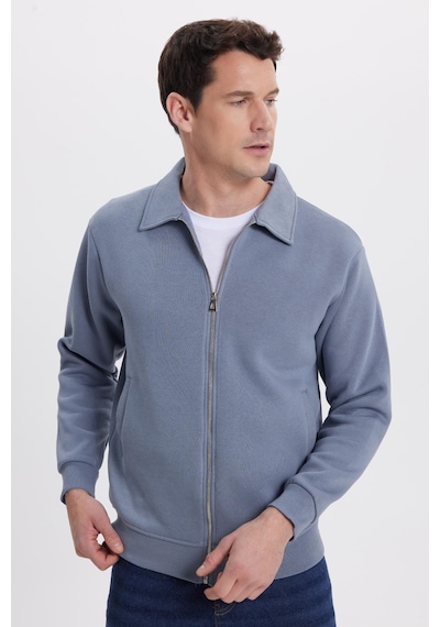 Tudors Unisex Relax Fit Rahat Kesim Pamuklu İç Polarlı Fermuarlı Gri Polo Yaka Flato Cepli Sweatshirt Hırka-41977 Gri