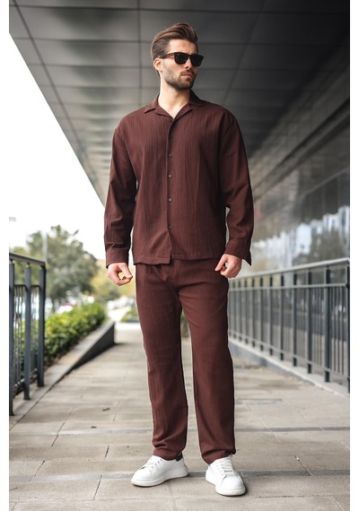 Madmext Kahverengi Düğmeli Basic Erkek Gömlek Pantolon Takım E7335 Kahverengi