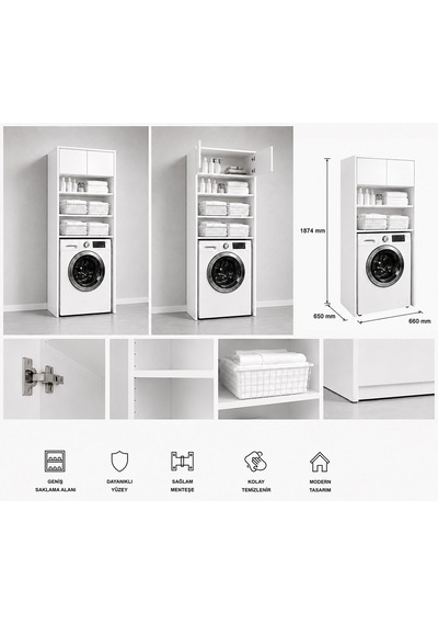 Lavin Beyaz Çamaşır Makinesi Üstü Dolap Çok Amaçlı Banyo Dolabı Raflı