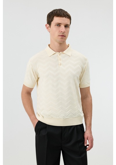 Antioch Zigzag Desenli Polo Yaka Triko Erkek T-shirt Krem