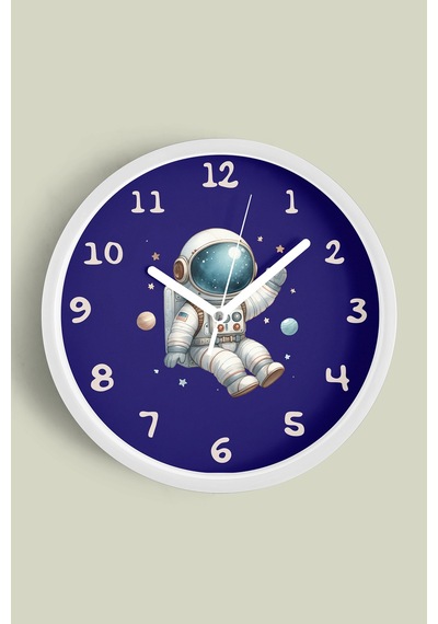 Astronot Tasarımlı Modern Çocuk Odası Duvar Saati - 25cm - Önü Camlı Beyaz Kasa - Sessiz Mekanizma-jh0991 Beyaz