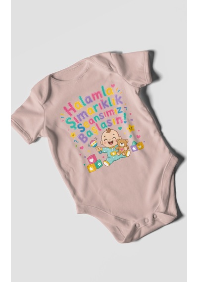 Morivokids Halamla Şımarıklık Seansımız Başlasın Kısa Kollu Bebek Body %100 Pamuk Pastel Pembe