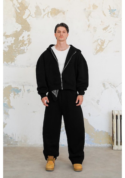 Siyah Cozy Basic Tam Fermuar Oversize Sweatshirt Siyah