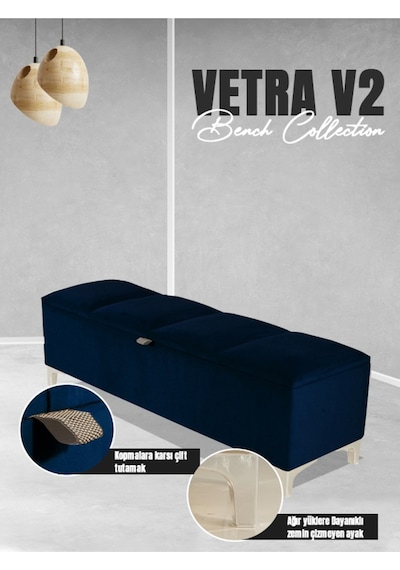 Vetra V2 Sandıklı Puf  Mavi Dilimli Model Sandıklı Bench Puf - Sandıklı Yatak Ucu Bankı