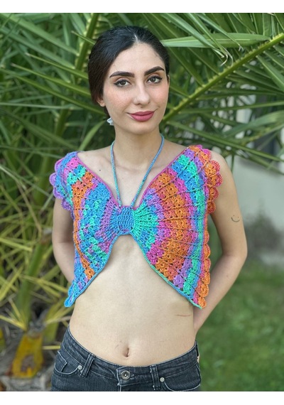Gönülden Tasarım El Örgüsü Kelebek Crop Büstiyer Standart Beden Pembe