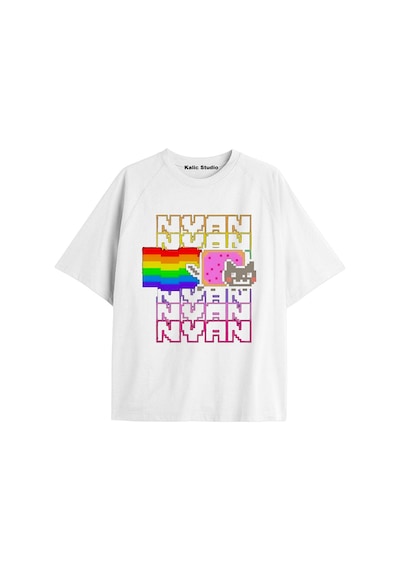 Kalic Studio Nyan Nyan Cat Oversize Unisex T-shirt Beyaz