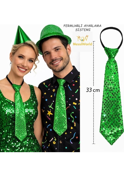 Yeşil Renk Pul Payetli Işıltılı Parti Kravatı 33 Cm 6 Yaş