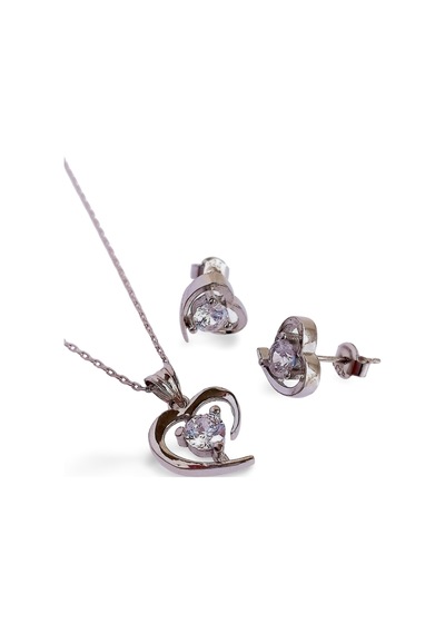 Gümüş Rodyumlu Heart Kalp Küpe Kolye Ucu Trend Kadın Set