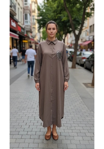 Puane Taş Detaylı Uzun Gömlek Tunik- 10797 Kahve Siyah