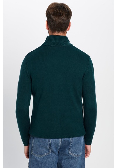 Tudors Erkek Slim Fit Dar Kesim Armürlü Fermuarlı Yeşil Dik Yaka Kazak-31397
