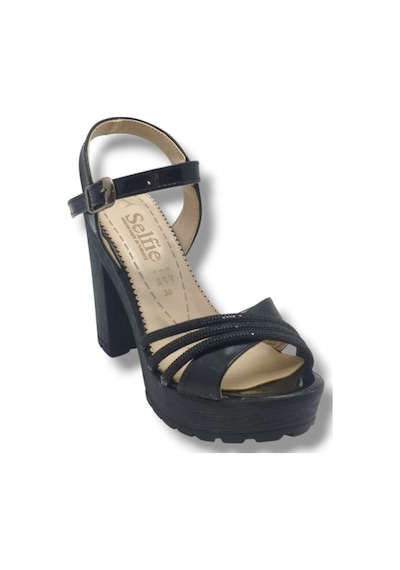 Selfie 4260-26 Rugan Taşlı Çapraz Bant Platform Topuk Fashion Kadın Sandalet 11cm Siyah