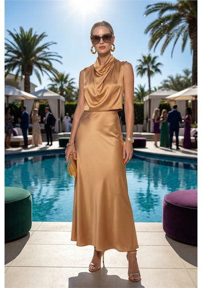 Fashion Cocktail Degajeli Dökümlü Yaka Yumuşacık Saten Kumaşlı Kolsuz Bluz Yüksek Bel Etek Abiye Davet Kokteyl Takım Camel