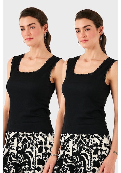Lela Slim Fit Kalın Dantelli Kare Yaka Bürümcük 2'Li Paket Bayan Atlet 5864979S2 Siyah-Siyah
