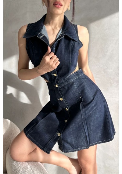 Nido Moda Kadın Yaka Detaylı Cut-out Mini Denim Elbise Lacivert