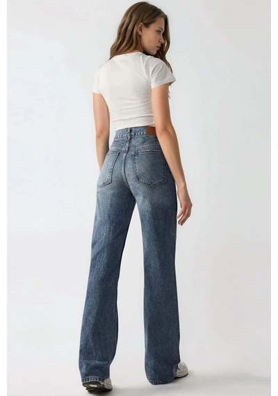 Hiccup Orta Bel Straight Leg Denim Pantolon Orta Mavi Denim