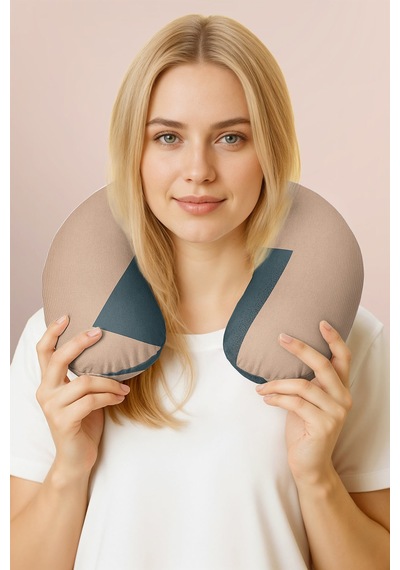 Soyut Geometrik Desenli Ergonomik Boyun Yastığı - Modern Minimal Bej Lacivert Seyahat Yastığı Sedefli Gece Mercan