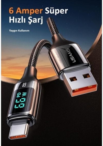 Usams US-Sj544 Dijital Göstergeli Çipli Örgülü PD 66 W USB To Type-C Şarj ve Data Kablosu 1.2 M