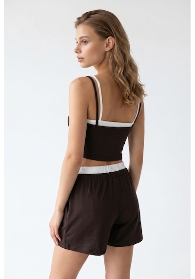 Mixray 2151 Kadın Biye Detaylı Askılı Crop Top Şort Takım Kahve