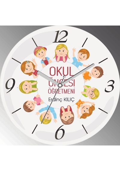 Kişiye Özel Okul Öncesi Öğretmeni Çap 30cm Sessiz Akar Bombeli Gerçek Cam Duvar Saati Siyah