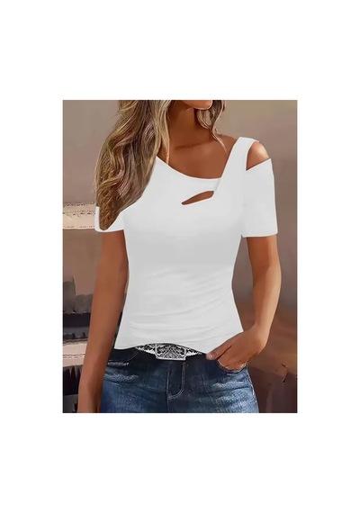 Butik İstanbul Kadın Kısa Kollu Asimetrik Yaka Detaylı Viskon Bluz Beyaz