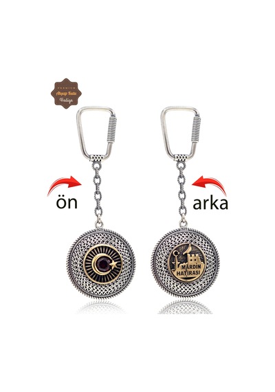 Yakut Taşlı Ayyıldız Ve Mardin Hatırası Çift Taraflı Oksitli Gümüş Telkari Anahtarlık 201025171 Gümüş