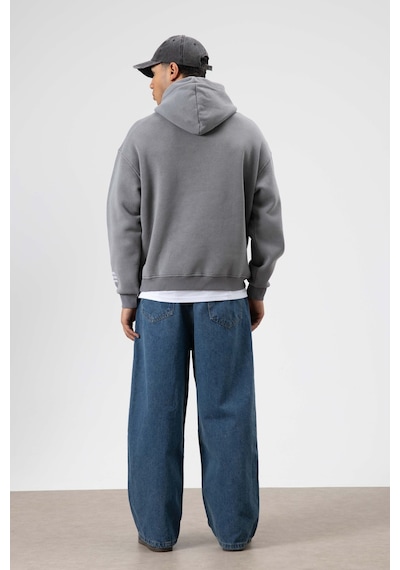 Vamos Oversize Nakış Baskılıkapüşonlu Sweatshirt Füme