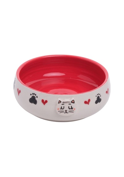 Tekli Seramik Kedi Desenli 600 Ml Kırmızı-mama Kabı Kedi Köpek Mama Su Kabı