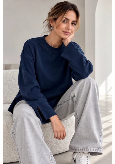 Bb Butik Basic Oversize Yırtmaç Detaylı Bisiklet Yaka Sweatshirt Zg3535 Lacivert