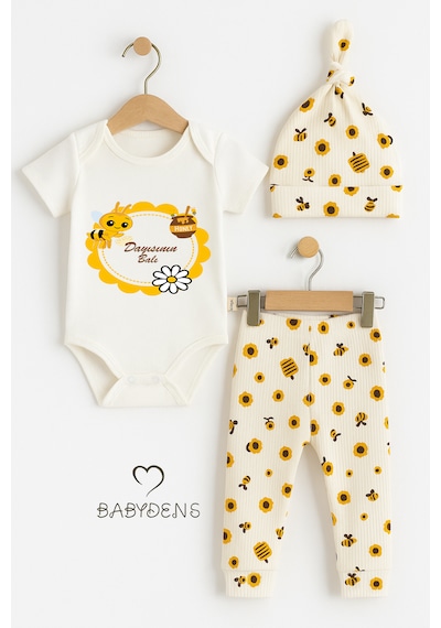 Babyden's Dayısının Balı Yazılı 3 Lü Bebek Takımı Pamuklu Kısa Kollu Çıtçıtlı Body, Arı Desenli Pantolon,bere Set Unisex Ekru