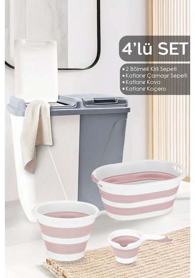 4'lü Set - 90 Lt Bölmeli Kirli Çamaşır Sepeti Katlanabilir Sepet Akordiyon Su Kovası Maşrapa Pembe Pembe