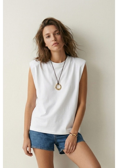 Elemge %100 Pamuk Süprem Tok Kumaş Kadın Oversize Beyaz T-shirt Geniş Omuzlu Dökümlü Kolsuz Bol Kalıp