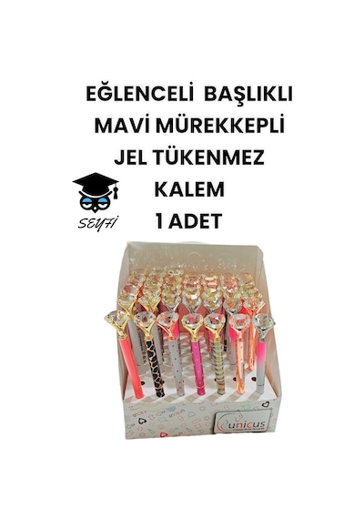 Eğlenceli Başlıklı İnce Uçlu Jel Tükenmez Kalem Mavi Mürekkep 15