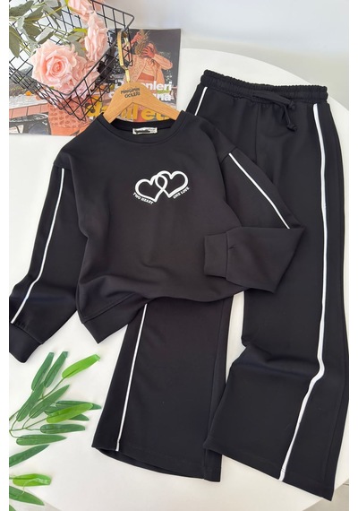 Minigimin Cicileri Two Hearts Şerit Detaylı Kız Çocuk Eşofman Takımı - Siyah