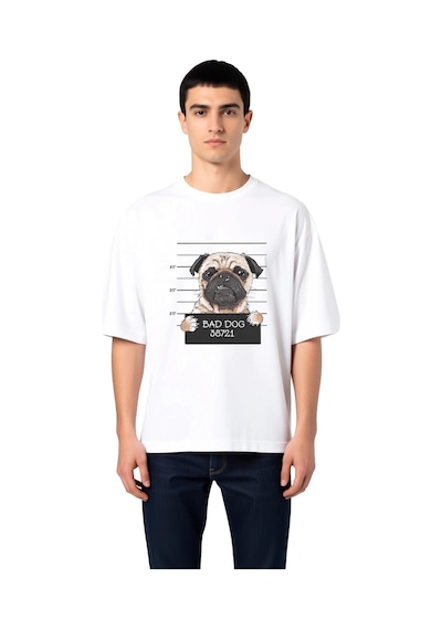Paybuy Erkek Oversize Tişört Mizahi Köpek Portre Baskısı Rahat Kesim Gün Beyaz