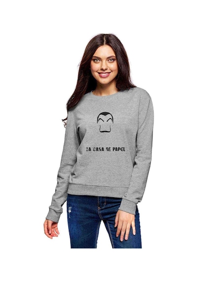 La Casa De Papel Dali & Yazi Baskılı Gri Kadın Sweatshirt