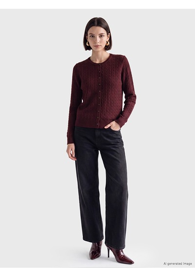 Lcw Modest Bordo Saç Örgüsü Desenli Kadın Triko Hırka