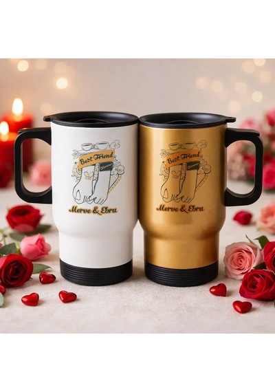 Bk Gift Kişiye Özel Best Friend Tasarımlı 2li Kulplu Beyaz&gold Çelik Termos Mug 450 Ml -3 Arkadaşa Hediye En İyi Arkadaş Termos Seti Kobitmeyencom362