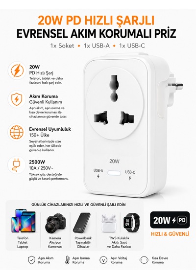 2500w Akım Korumalı Priz 1 Soket 1 Usb 1 Type-c Evrensel Çoklu Priz Şarj Adaptörü Güç Koruyucu Tv 0