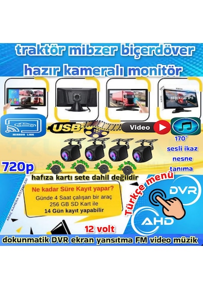 4 Adet Ahd 720p Nesne Tanımalı Sesli İkazlı Kamera Dvr Dokunmatik Monitör 12 Volt