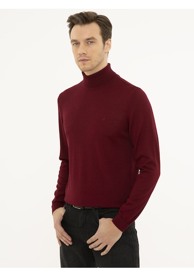 Cacharel Bordo Slim Fit Balıkçı Yaka Basic Triko Kazak Kırmızı