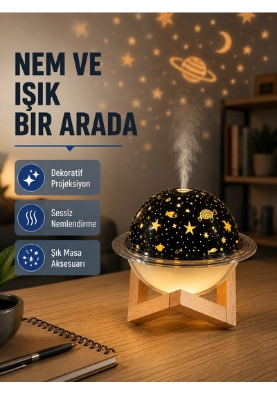 Mey İthalat Usb Projeksiyon Gece Lambası Ve Hava Nemlendirici Aromaterapi Destekli, Taşınabilir Mini