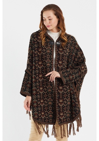 Uludağ Triko Kadın Çiçek Desenli Kilim Panço Gümüş-Std Gümüş