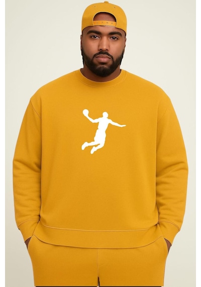 Benroma Basketbolcu Baskılı Büyük Beden Unisex Sweatshırt Sarı
