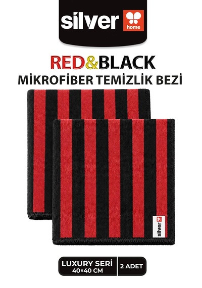 Luxury Serisi 2 Li Kırmızı Siyah İri Çizgili Mikrofiber Temizlik Bezi 40x40 Cm Süper Emici İz Bırakmaz Kırmızı - Siyah