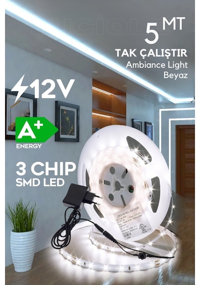 Şerit Led 5 Metre Beyaz 3 Çipli Aydınlatma Mutfak Salon Yatak Odası Led Işık
