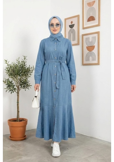 Hb Harma Time Butik Kadın Düğmeli Kuşaklı Açık Kot Mavi Elbise Açık Mavi